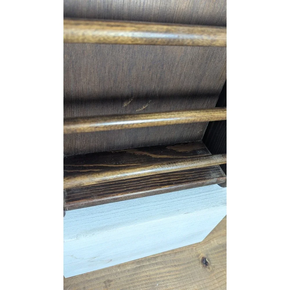 Rustic Dark Brown Wood Wall Mount Magazine Rack Arched Top Display 3 Spindle 15